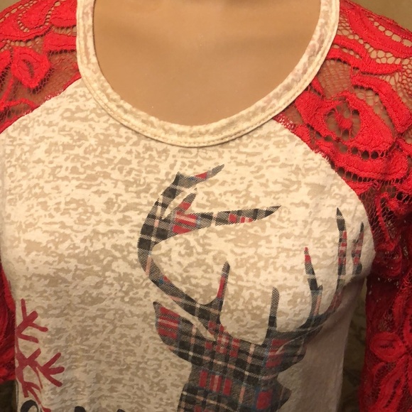 Merry Christmas burn out top lace sleeve reindeer S - Picture 4 of 5